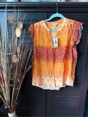 easel Orange & Magenta Floral Ruffle-Sleeve Blouse